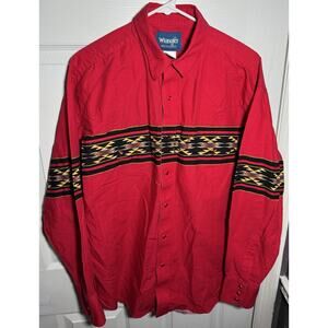 Vintage Wrangler Brushpopper Pearl Snap Shirt Red Aztec Accent, Southwestern